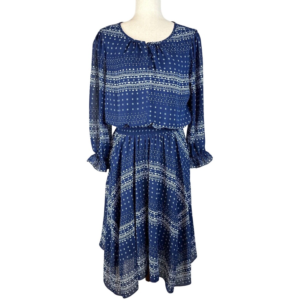 Shoshanna Womens Pacific Geometric Print Dress Size 10 Navy Blue 3/4 Sleeve
